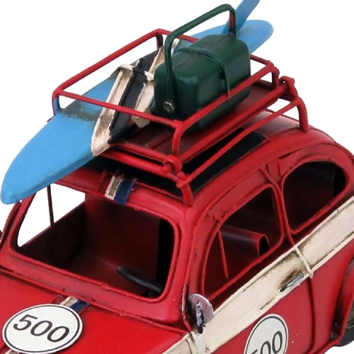 ブリキの車フォトスタンド(写真立て) フィアット(FIAT)500 サーフキャリングカー／レッド(Sサイズ)