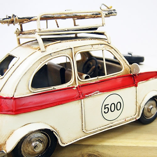 ブリキの車フォトスタンド(写真立て) フィアット(FIAT)500 スキーキャリングカー／オフホワイト(Sサイズ)